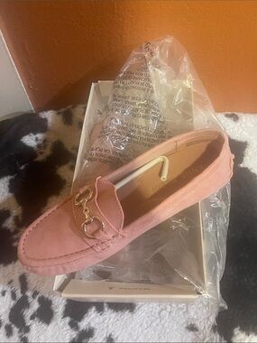 Anne Klein Pink Suede Moccasin with Gold Bit
